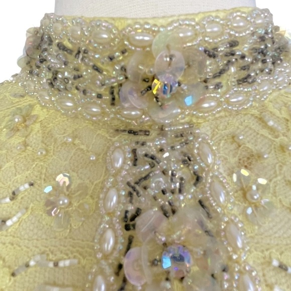 Vintage 50’s Yellow Beaded Lace Mock Neck Long Sleeve Shift Dress Size M/L - Picture 7 of 13